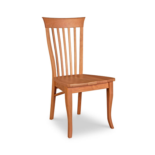 A Lyndon Furniture Classic Shaker Side Chair #2 with Scooped Wooden Seat - Discontinued Design - Clearance with a tall, curved backrest and vertical slats, standing on slightly curved legs, isolated on a white background.