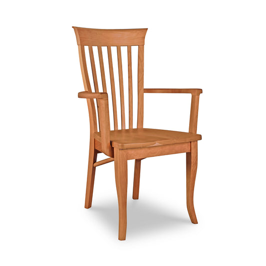A Lyndon Furniture Classic Shaker Arm Chair #2 with Scooped Wooden Seat - Discontinued Design - Clearance, with a high back made of vertical slats and armrests, photographed against a white background.