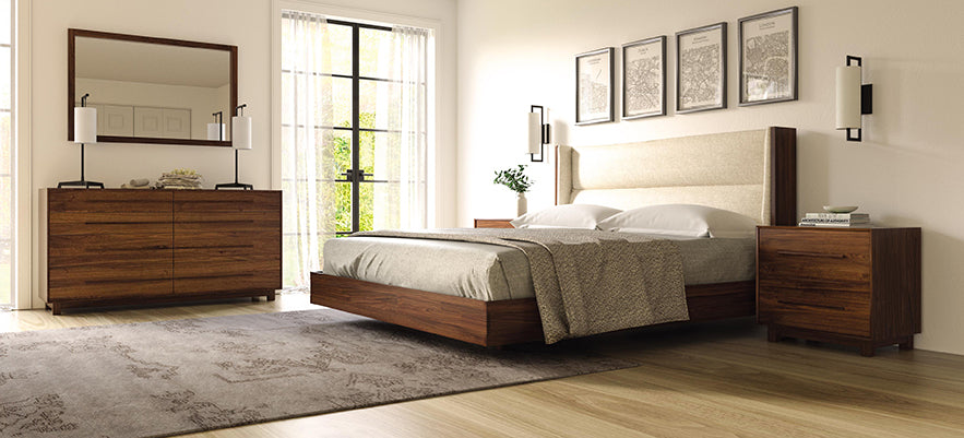 Modern wooden bedroom furniture set featuring a sleek bed, matching dresser, and nightstand.