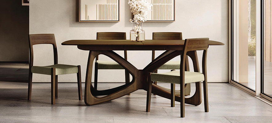 Modern wooden dining table set with four chairs.