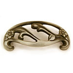 A silver plated drawer pull with a floral design.