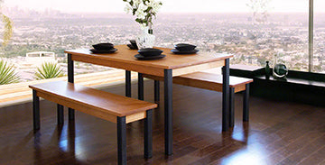 A dining table with two benches.