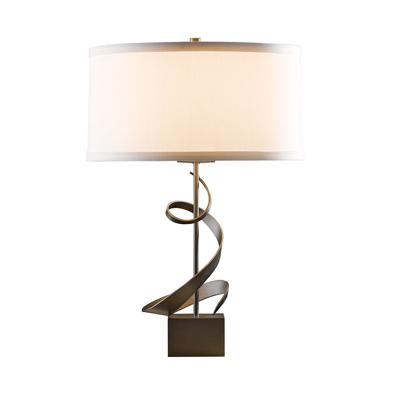 Hubbardton Forge Gallery Spiral Table Lamp with bronze spiral base and white rectangular shade, showcasing elegant American craftsmanship.