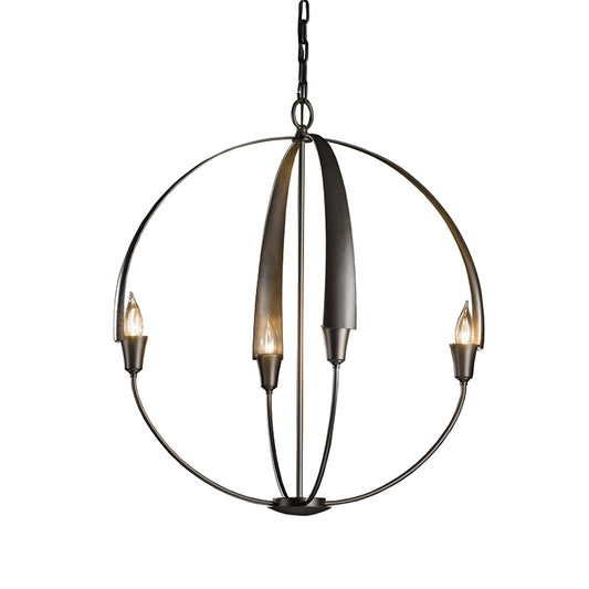 Cirque Small Chandelier by Hubbardton Forge with dark smoke finish, three candle-style bulbs, and elegant curved metal bands.