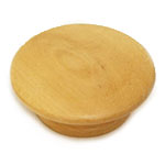 A round wooden knob on a white background.