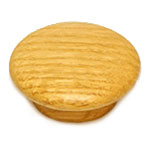 A round wooden knob on a white background.