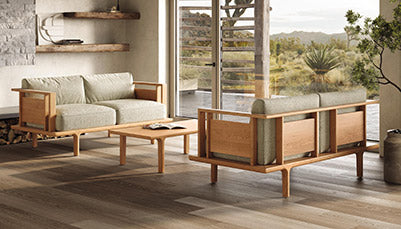 Sierra Upholstered living room collection by Copeland Furniture. Set includes two matching loveseats and a coffee table. Shown in natural cherry wood.