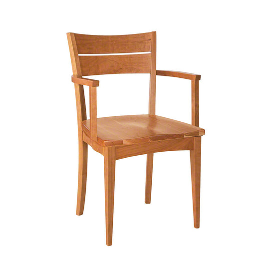 A Lowell Arm Chair with Scooped Wood Seat, featuring a slatted back and a smooth, flat seat crafted from solid cherry, set against a plain white background.