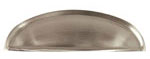 An oval shaped metal bowl on a white background.