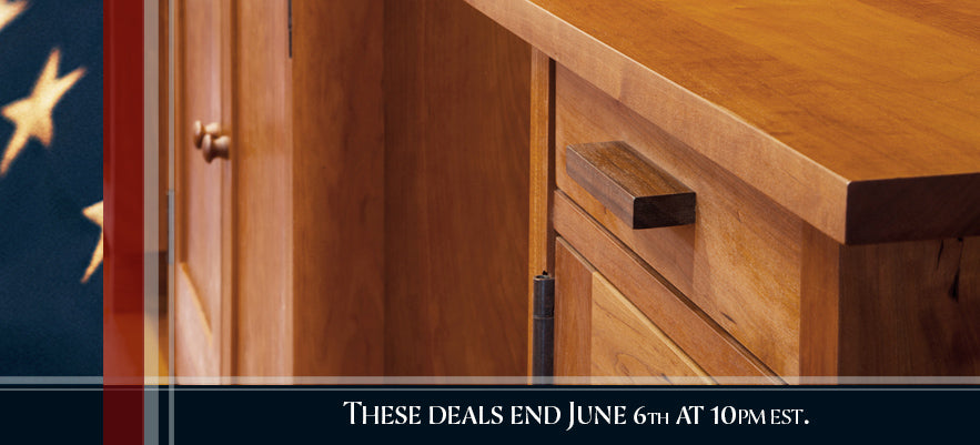 A close-up shot of wooden cabinetry is accompanied by a notice in the bottom banner that reads, "These deals end June 6th at 10 PM EST." There is a blurred American flag in the background on the left side of the image.