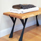 Live-Edge Oak Artisan Bench with black walnut inlays and black metal legs, designed by Mike Messer.