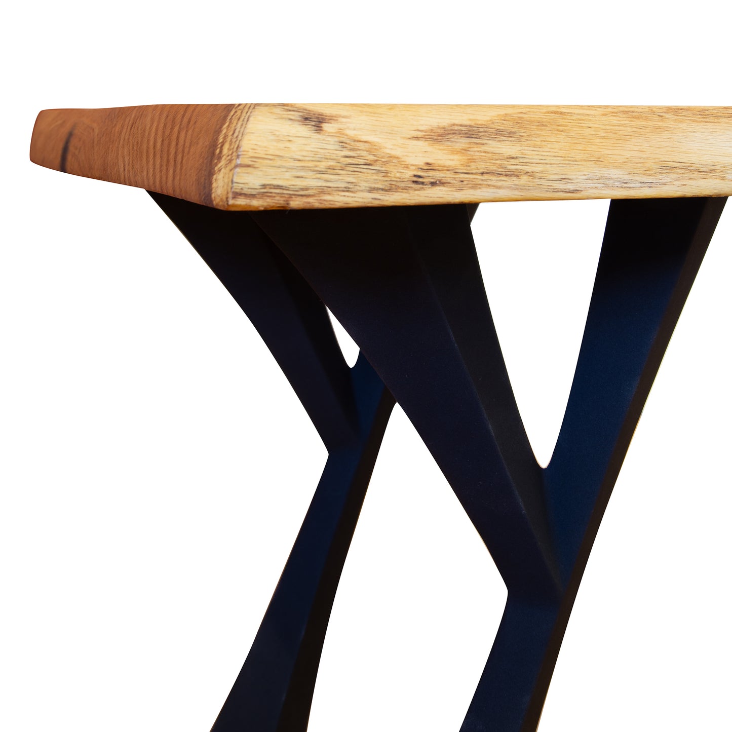 Live-Edge Oak Artisan Bench by Mike Messer with natural finish, black walnut inlays, and crisscross black metal legs