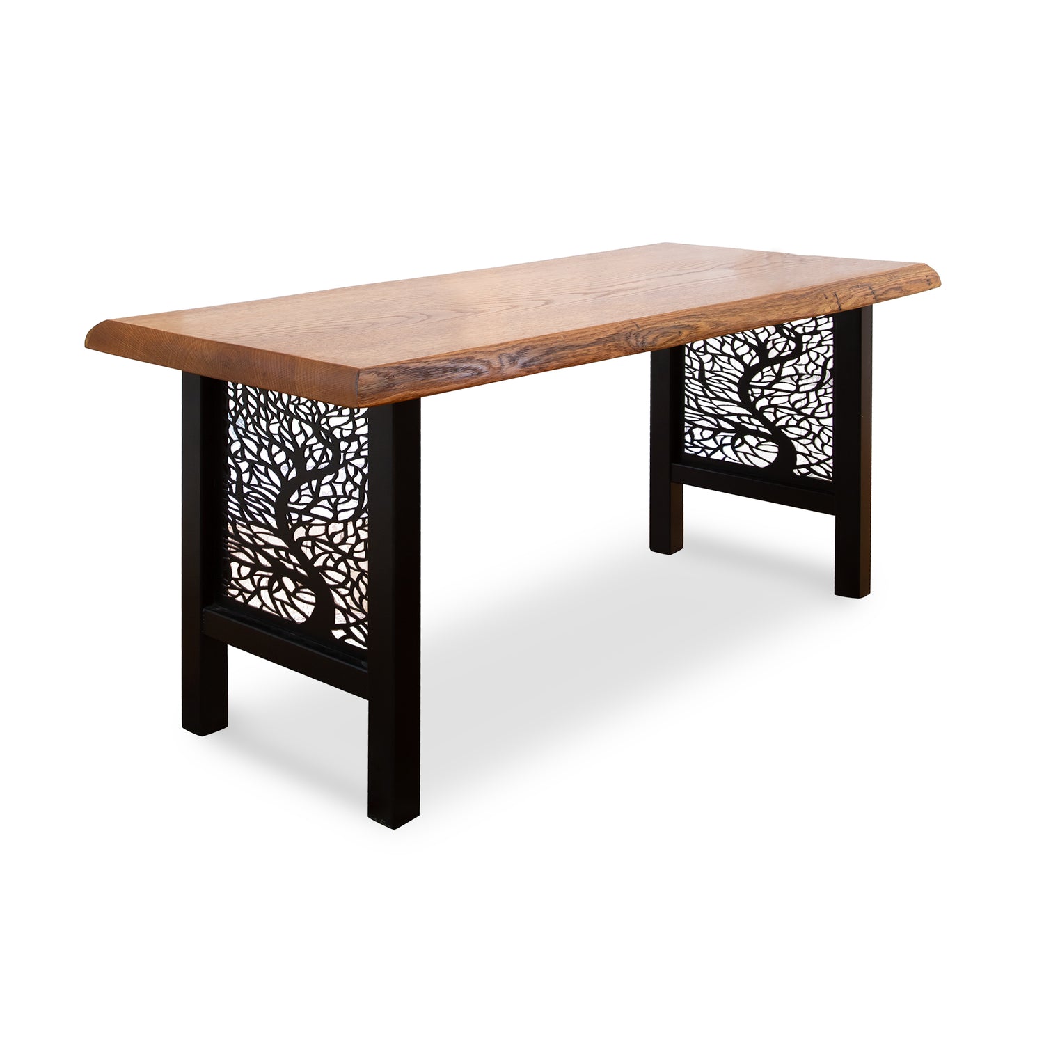 Mike Messer Live-Edge Oak Bench with a smooth top and unique tree branch-design metal base.