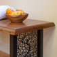 Mike Messer Live-Edge Oak Artisan Bench with a sturdy metal base, highlighting its natural wood grain and handcrafted quality.
