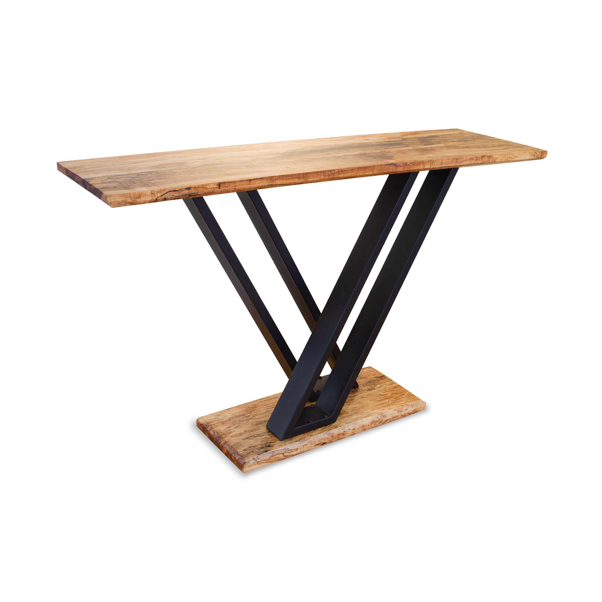 Mike Messer Spalted Maple Artisan Console Table with V-shaped black metal legs and matching maple wood base, crafted in Vermont.