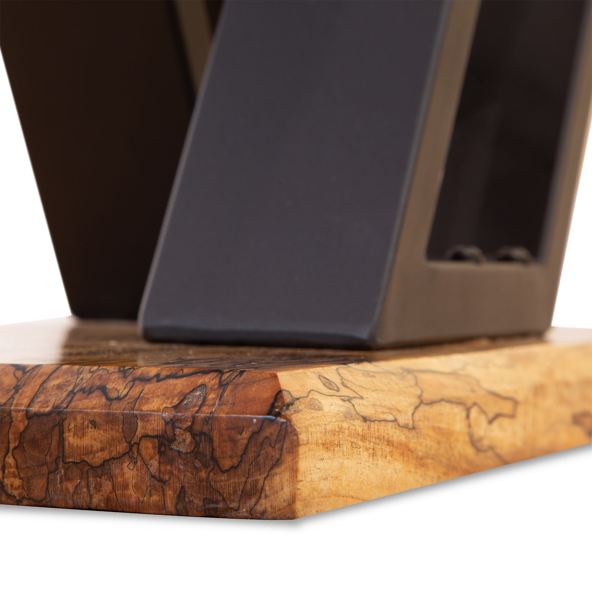 Mike Messer Spalted Maple Artisan Console Table with metal base, highlighting unique wood grain and expert craftsmanship.