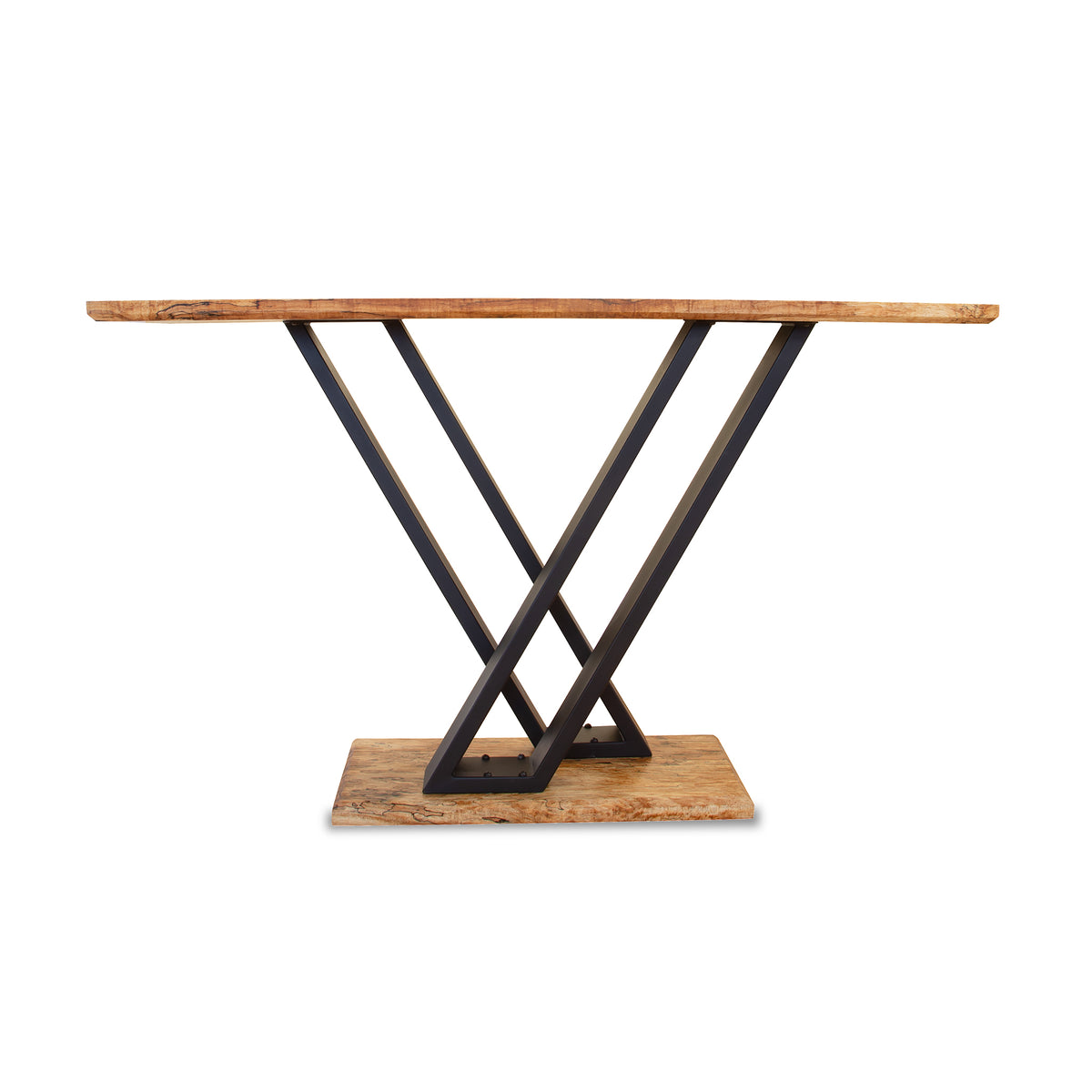 Mike Messer Spalted Maple Artisan Console Table with metal base, handcrafted American-made furniture, side view focus on table design.
