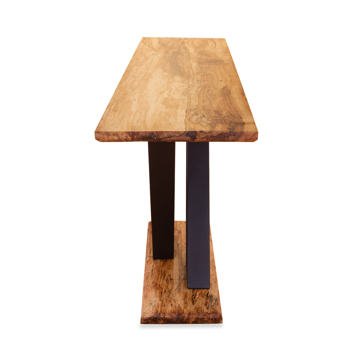 Mike Messer Spalted Maple Artisan Console Table with metal base, highlighting its elegant narrow end craftsmanship and unique wood grain.