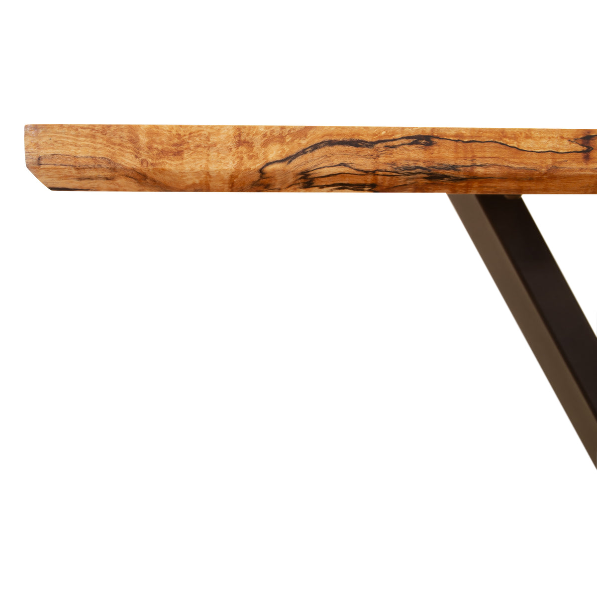 Close-up of Mike Messer’s Spalted Maple Artisan Console Table highlighting unique wood grain and metal base with diagonal leg.