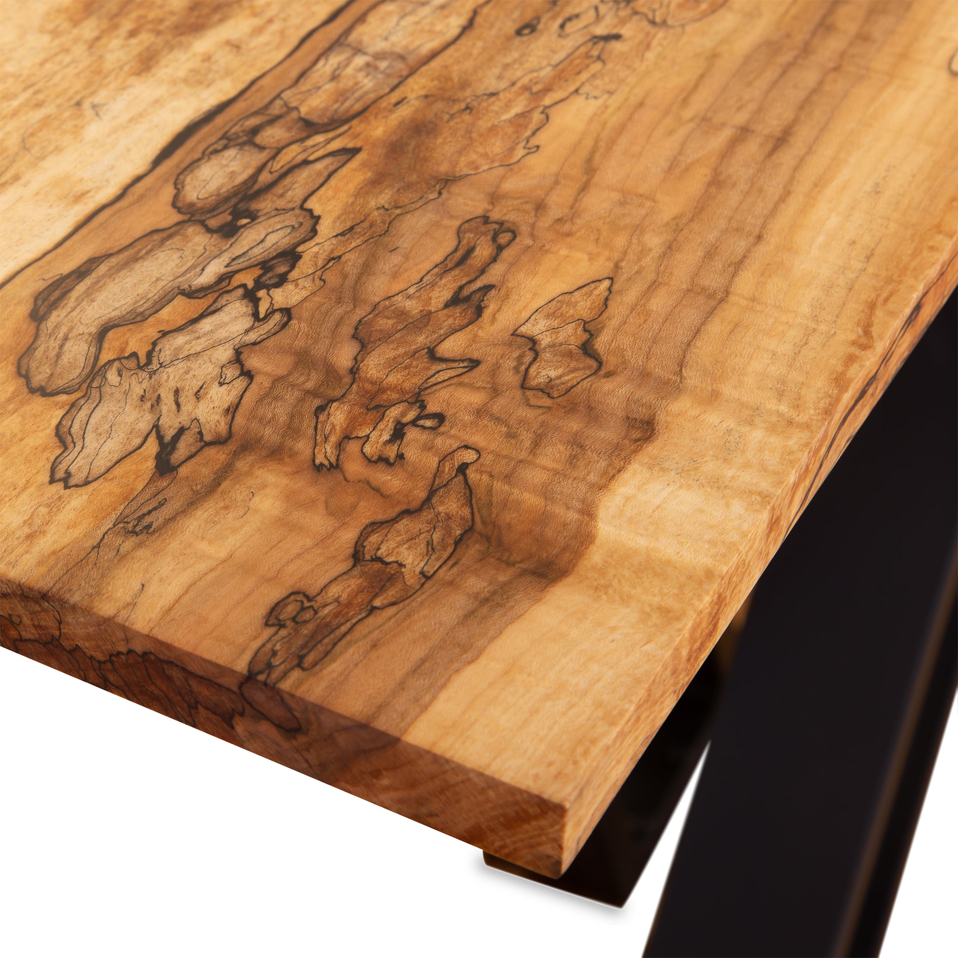 Mike Messer’s Spalted Maple Artisan Console Table features striking dark grain patterns and sleek metal base, showcasing fine American craftsmanship.