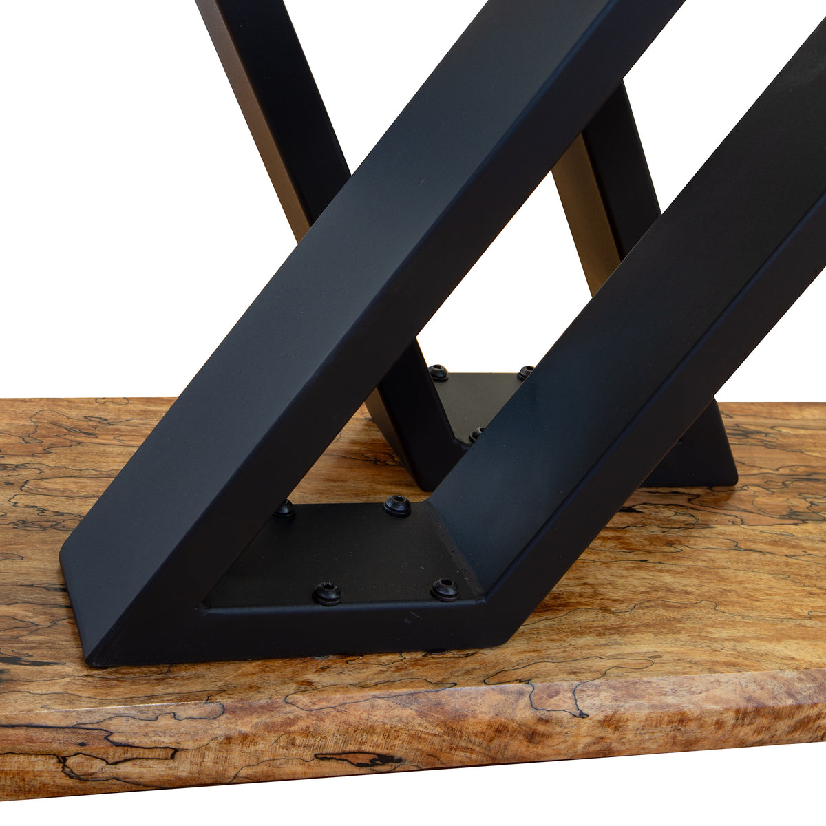 Mike Messer Spalted Maple Artisan Console Table with metal base, showcasing expert American craftsmanship and modern industrial design.