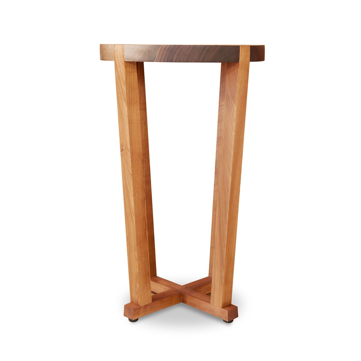 Mike Messer Cherry & Walnut Artisan End Table with round top, three legs, and cross brace, crafted from solid hardwood for a refined look.