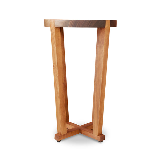 Mike Messer Cherry & Walnut Artisan End Table with round top, three legs, and cross brace, crafted from solid hardwood for a refined look.