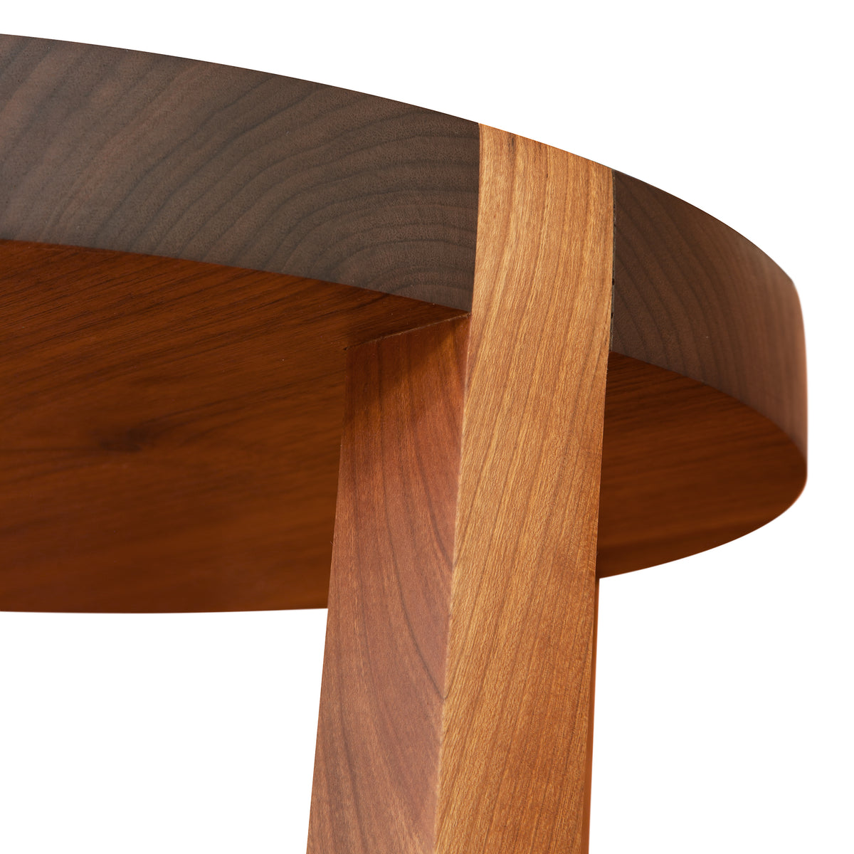 Mike Messer Cherry & Walnut Artisan End Table with round top and signature angled leg, highlighting handcrafted American woodwork.