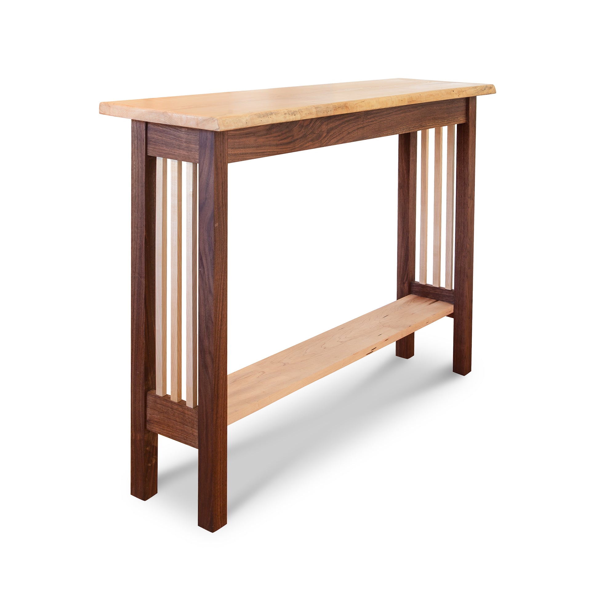 Artisan Live-Edge Flame Maple and Walnut Console Table by Mike Messer, highlighting its flame maple top, walnut legs, slatted side panels, and lower shelf.