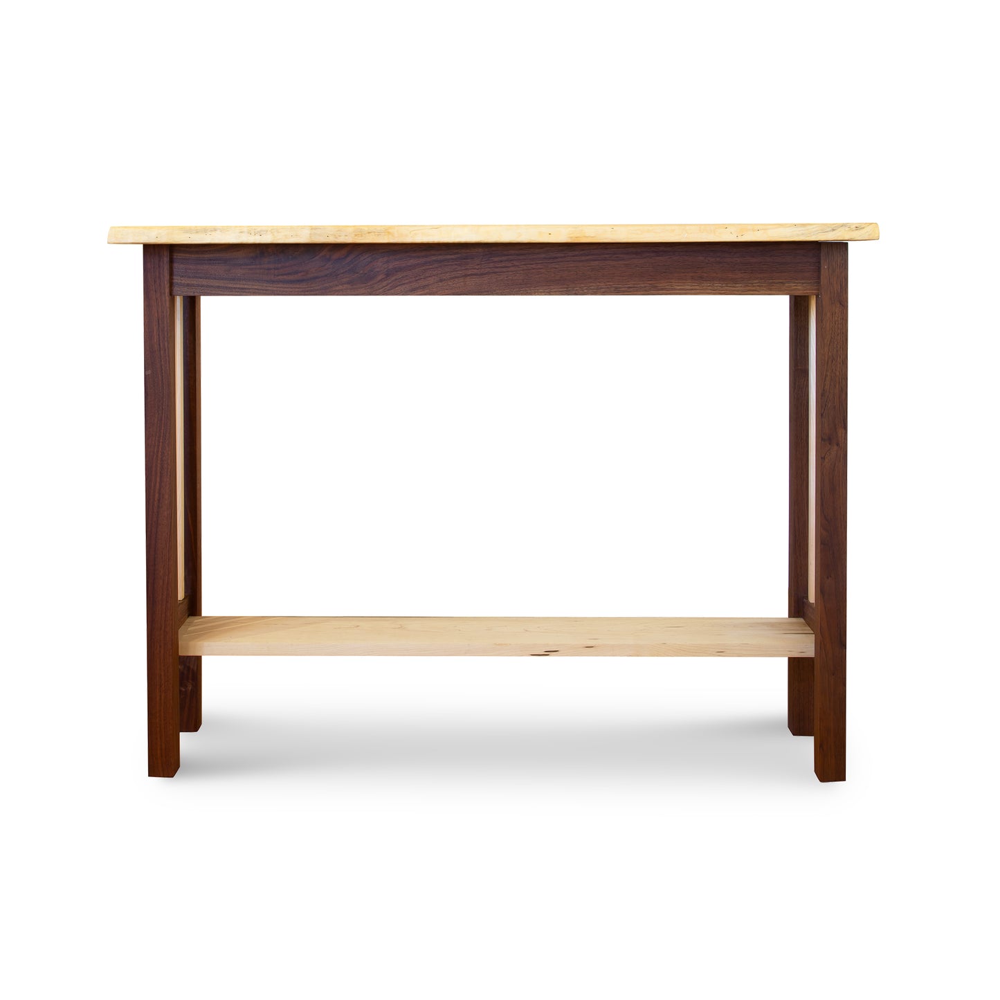 Artisan Live-Edge Console Table with Flame Maple Top and Walnut Legs by Mike Messer, featuring a lower shelf for storage.