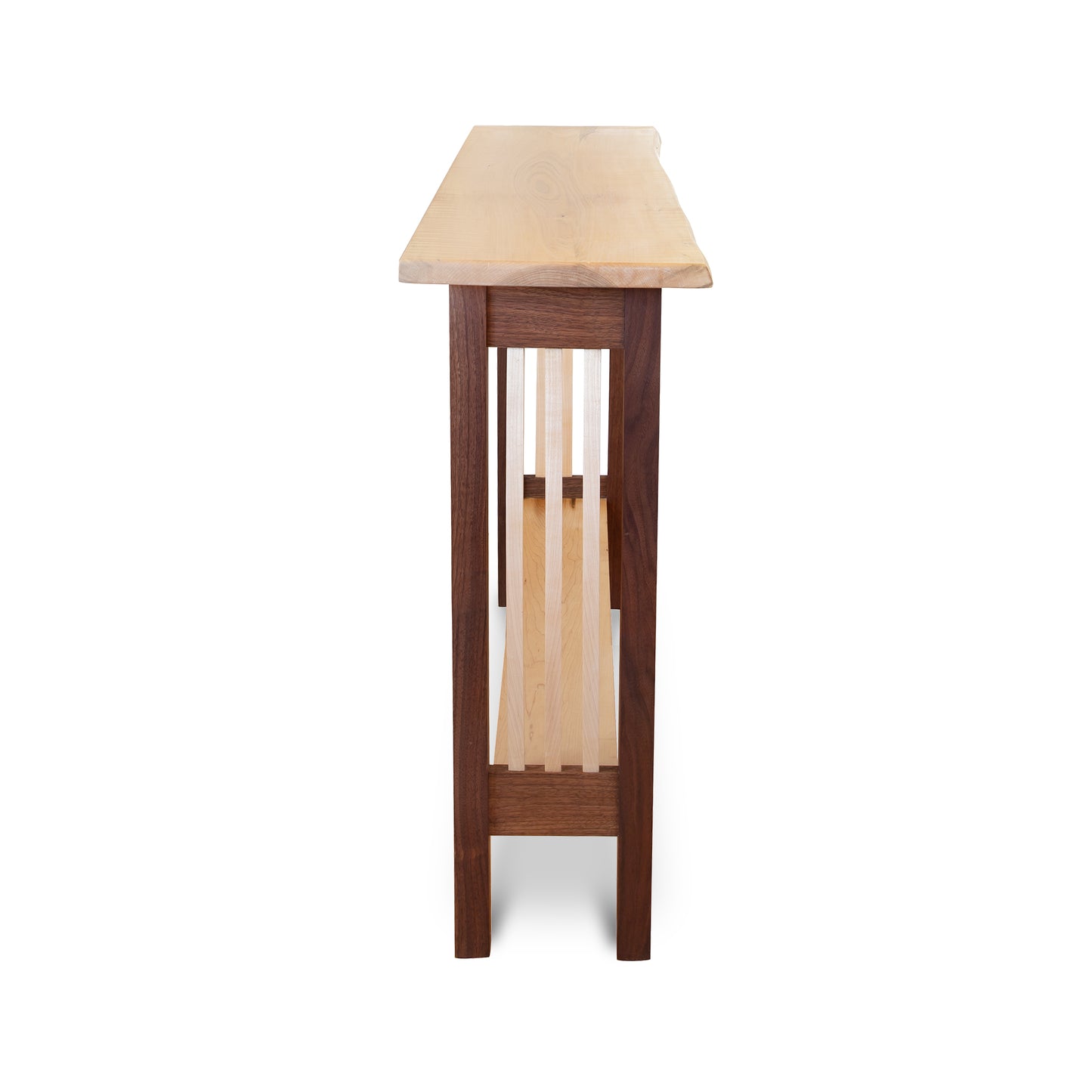 Mike Messer Artisan Console Table with live-edge flame maple top and walnut legs featuring vertical slats