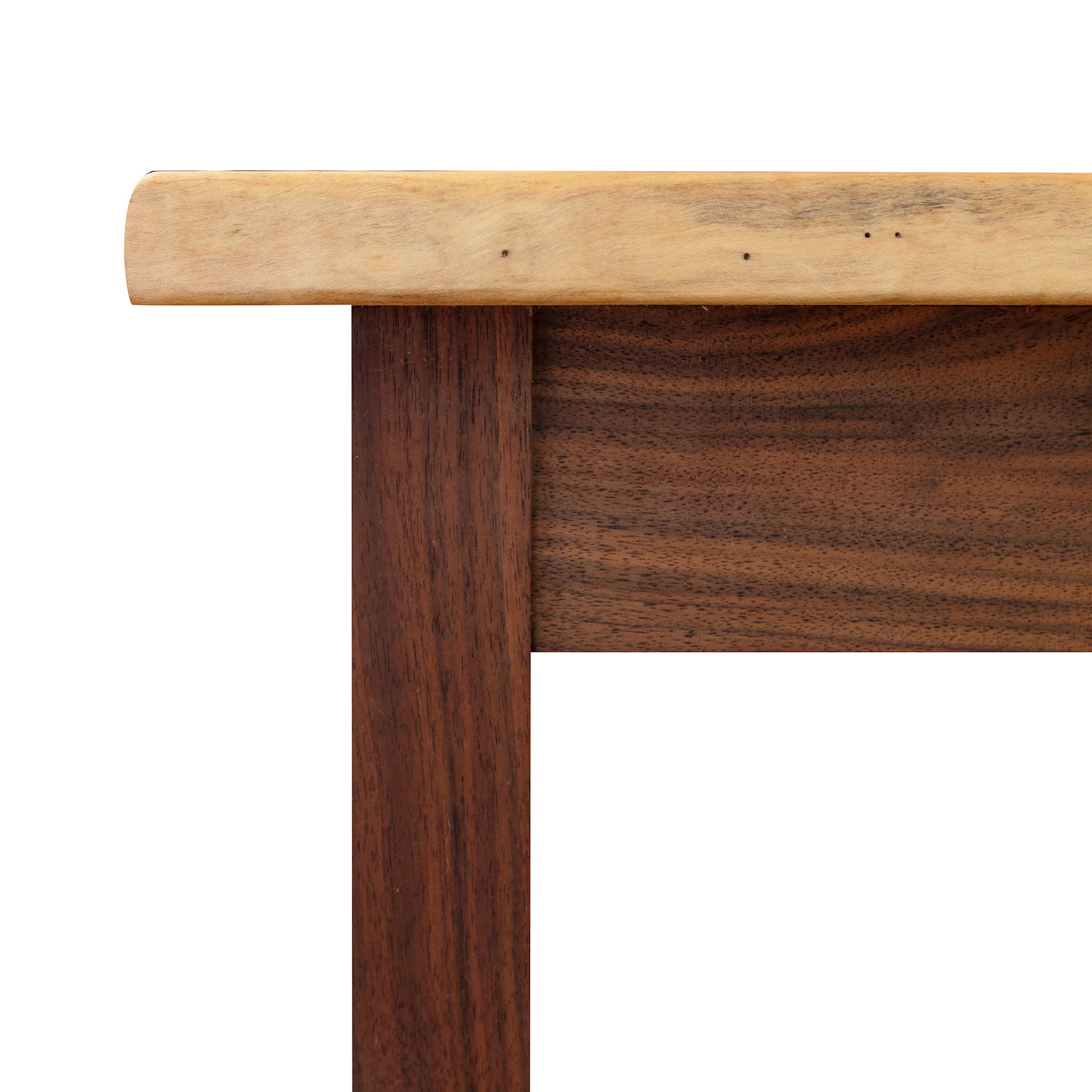 Mike Messer Artisan Console Table in Live-Edge Flame Maple and Walnut, showcasing handcrafted hardwood with a striking contrast between the light flame maple top and rich dark walnut sides.