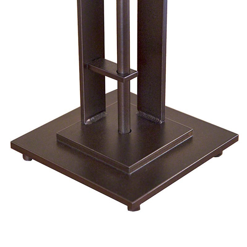 Metra Double Table Lamp by Hubbardton Forge with square iron base and distinctive cutouts, showcasing elegant craftsmanship and modern design.