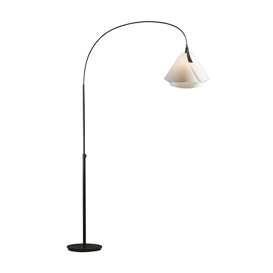 Hubbardton Forge Mobius Arc Floor Lamp featuring a sleek black curved stand and sculpted white shade, highlighting modern design elements.