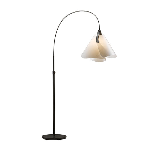 Hubbardton Forge Mobius Arc Floor Lamp with elegant curved black stand and double-layered white shade, showcasing modern craftsmanship.
