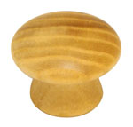 A round wooden knob on a white background.