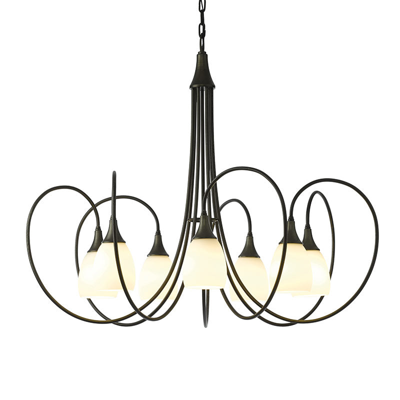 Picoh Chandelier by Hubbardton Forge with six curved arms, frosted glass shades, and bronze finish as the focal point.