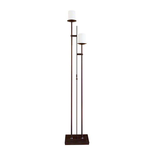 Hubbardton Forge Rook Twin Floor Lamp with two opal glass shades on offset dark metal rods and a square base, showcasing modern American craftsmanship.