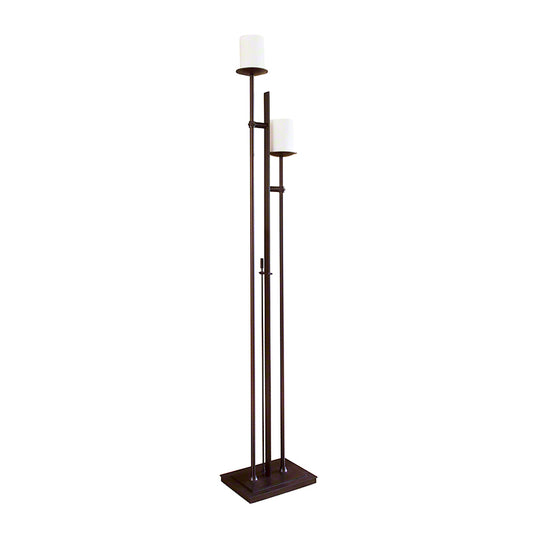 Hubbardton Forge Rook Twin Floor Lamp with two opal glass shades and a mahogany base, showcasing elegant modern design and fine craftsmanship.