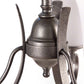 Detailed view of Hubbardton Forge Scroll Chandelier arm in natural iron with frosted glass shades, showcasing handcrafted American furniture design.