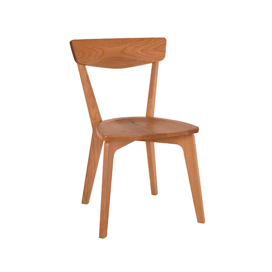 A simple wooden Lyndon Furniture Sheldon Dining Chair with a curved backrest and four legs, photographed against a white background. The chair's natural cherry grain is visible, highlighting its smooth finish.