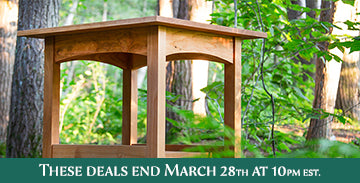 A wooden stand is placed outdoors among trees and greenery. At the bottom of the image, there is a green banner stating, "These deals end March 28th at 10PM EST.