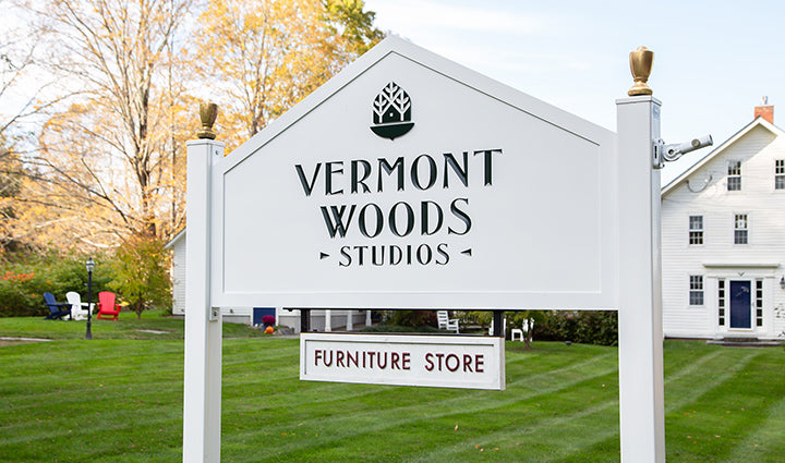 Vermont Woods Studios furniture store sign.