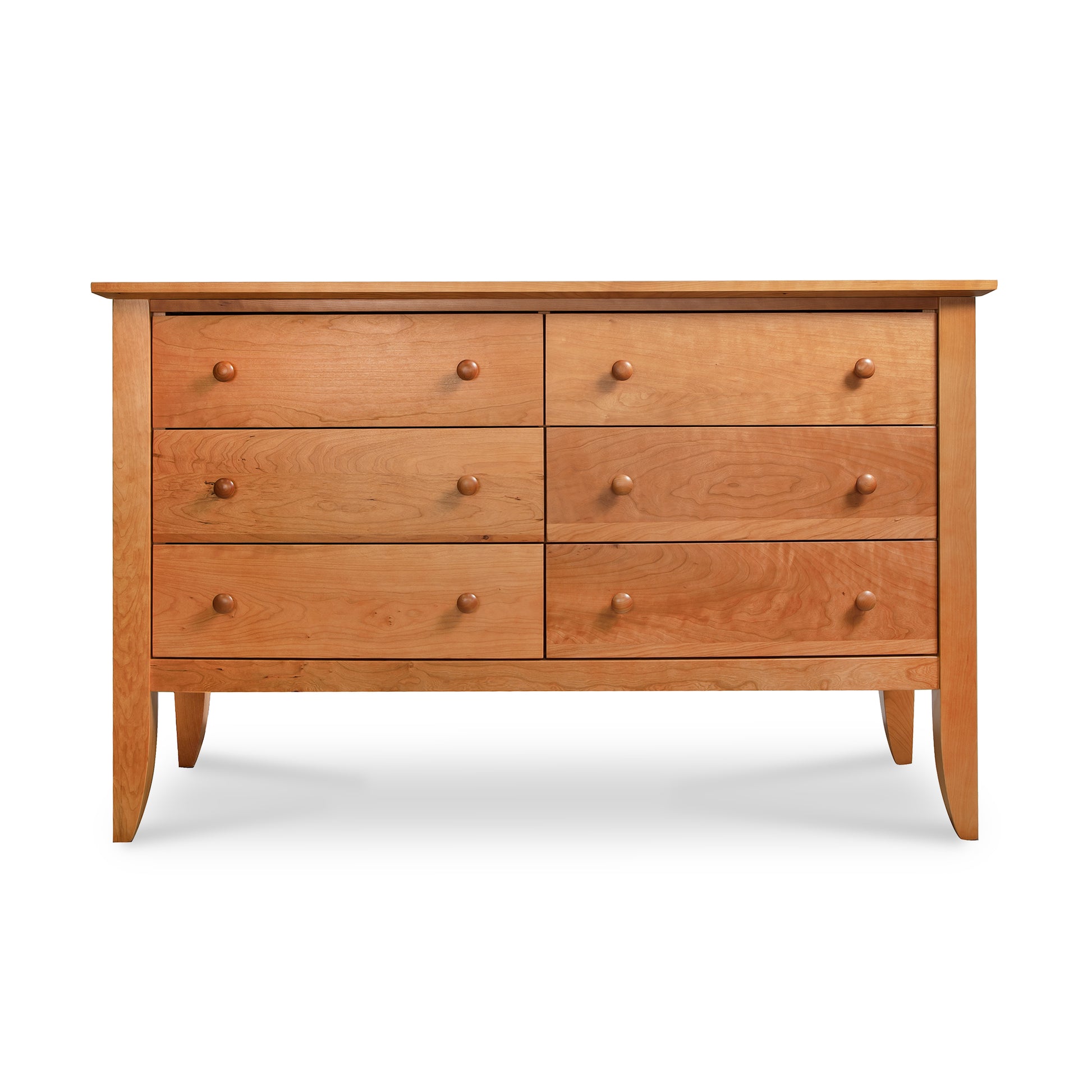 A wooden dresser with drawers on a white background.