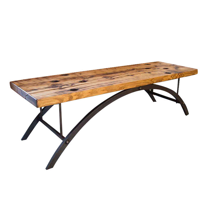 A wooden bench with a black metal frame.