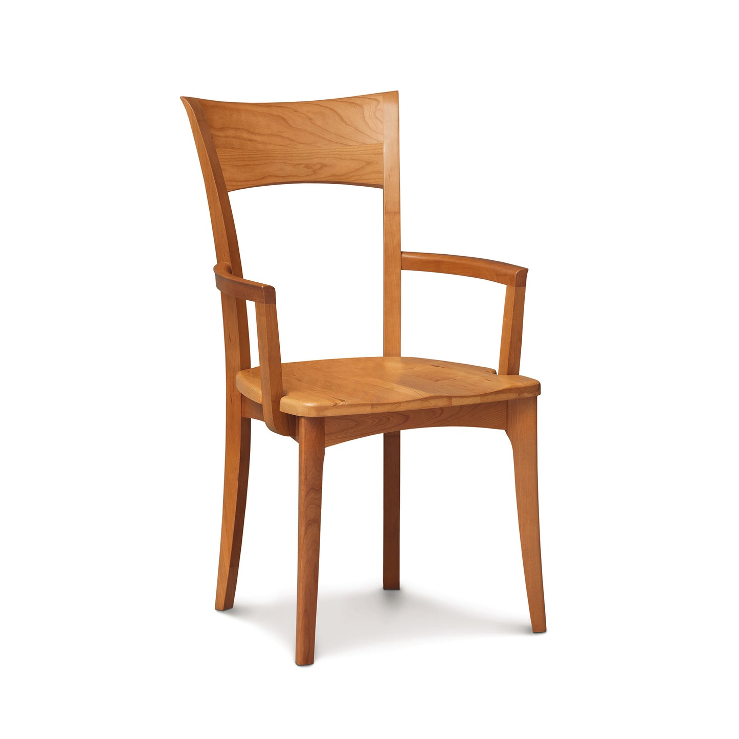 A wooden chair with arms on a white background.
