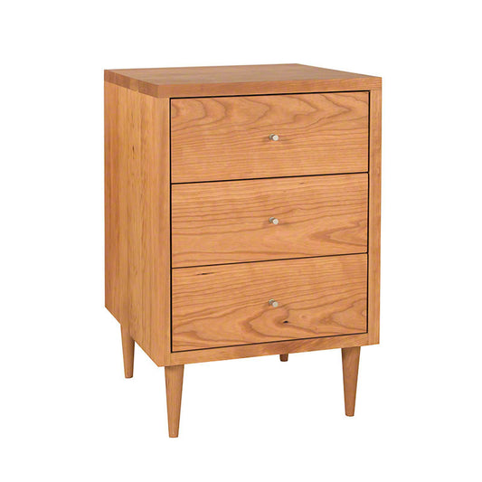 A wooden nightstand with three drawers.