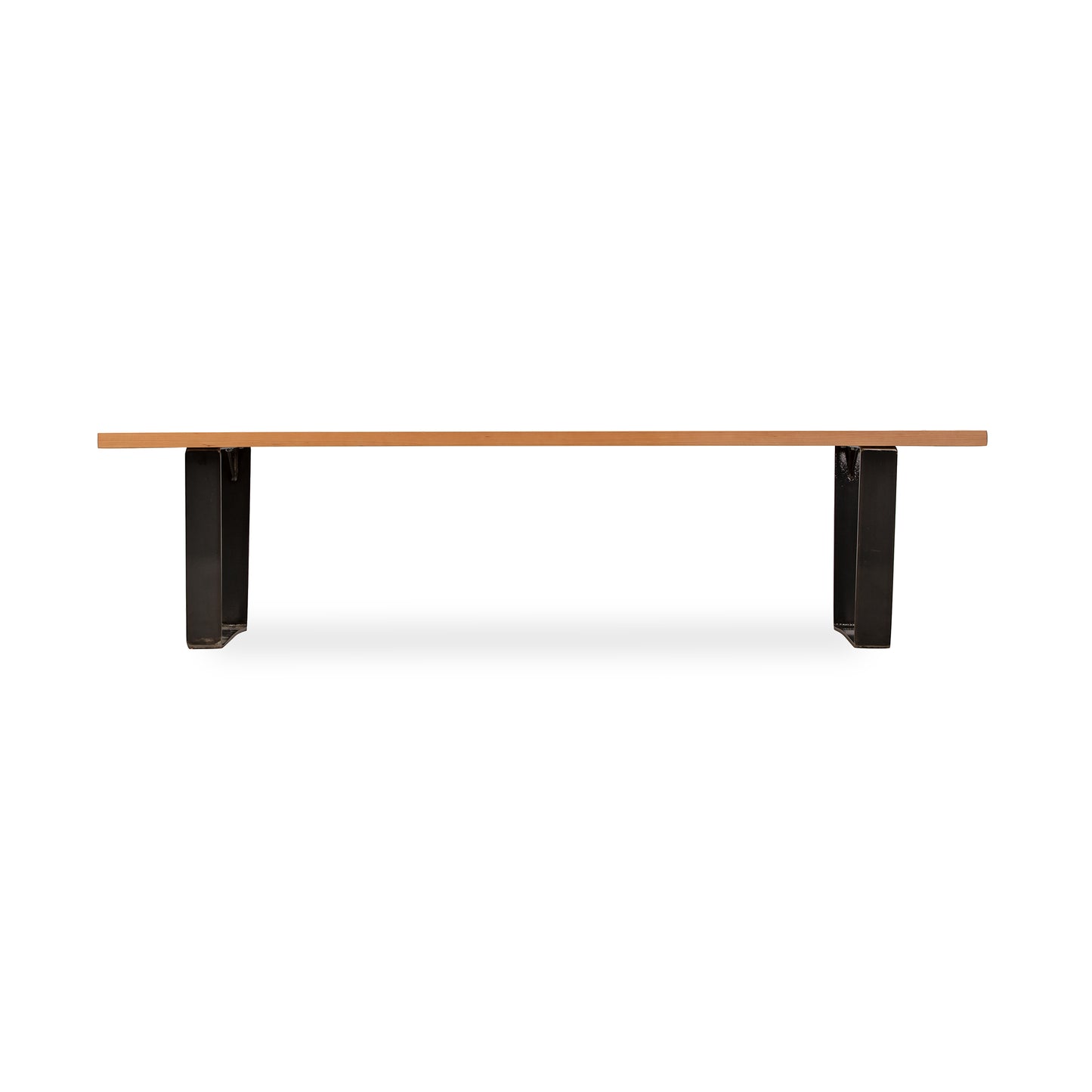 A wooden table with black legs on a white background.