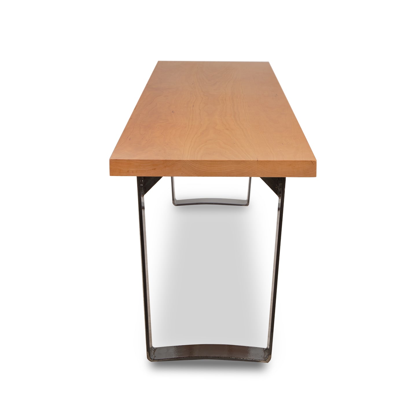 A wooden table with metal legs on a white background.
