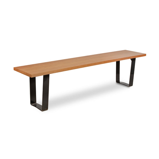 A wooden bench with black legs on a white background.